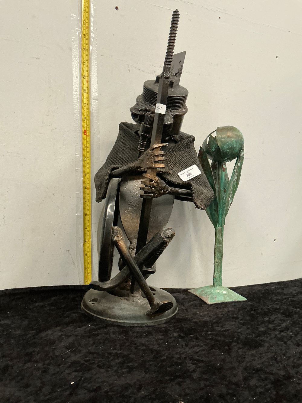 Lot 385: Two Modern Metal Sculptures Including Industrial Assemblage and Verdigris Botanical Form