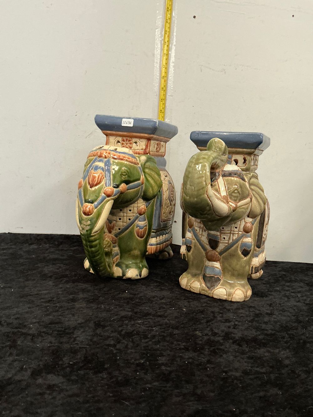 Lot 386: A Pair of Majolica-Style Polychrome Glazed Ceramic Elephant Garden Stools