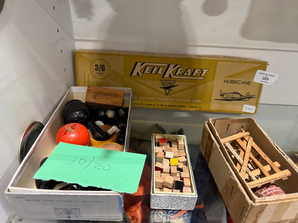 Lot 169: A Keil Kraft Hawker Hurricane Model Aircraft Kit and a Group of Vintage Wooden Toy Components