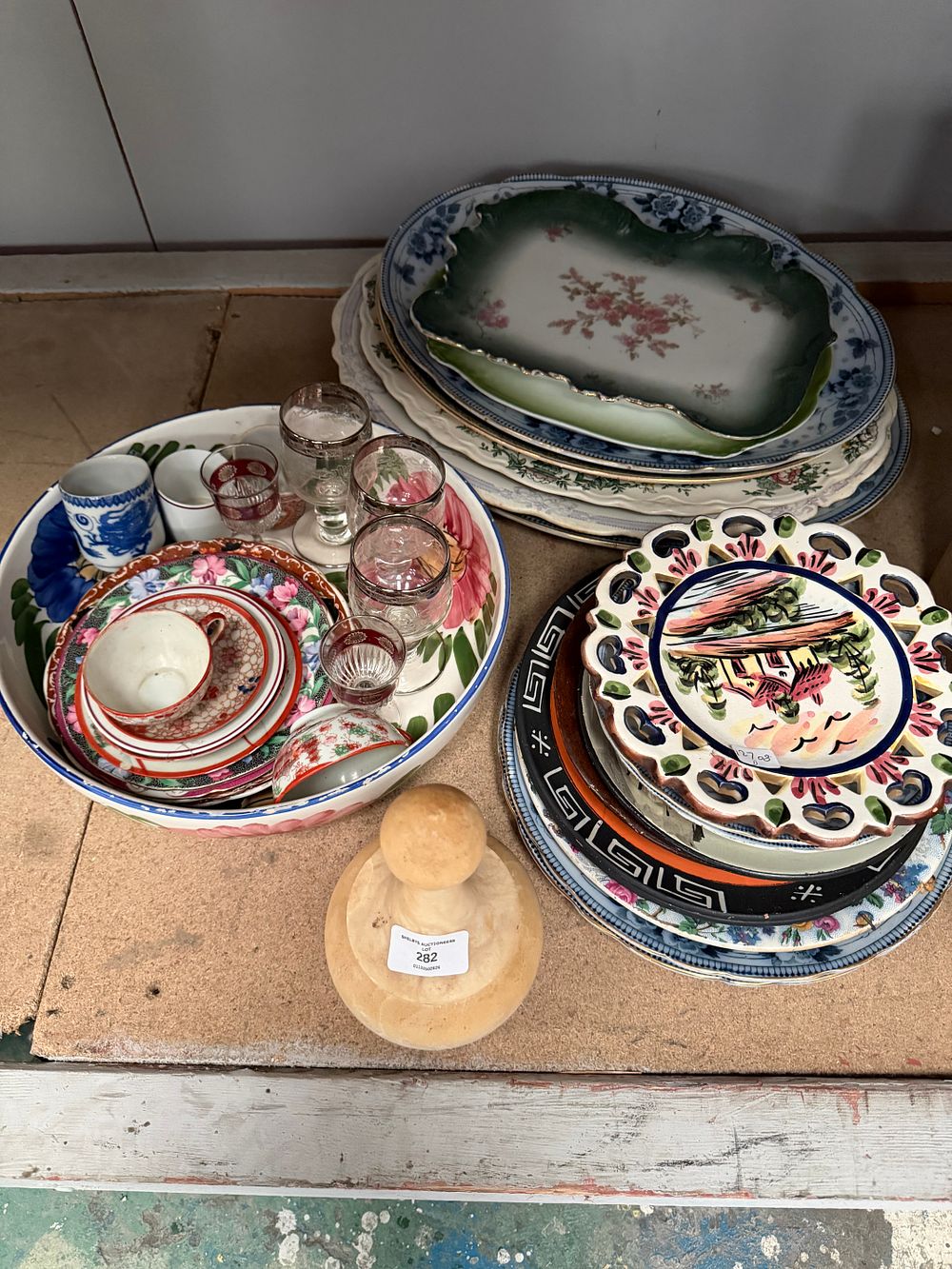 Lot 282: An Assortment of Decorative Ceramics, Glassware, and a Wooden Mortar and Pestle
