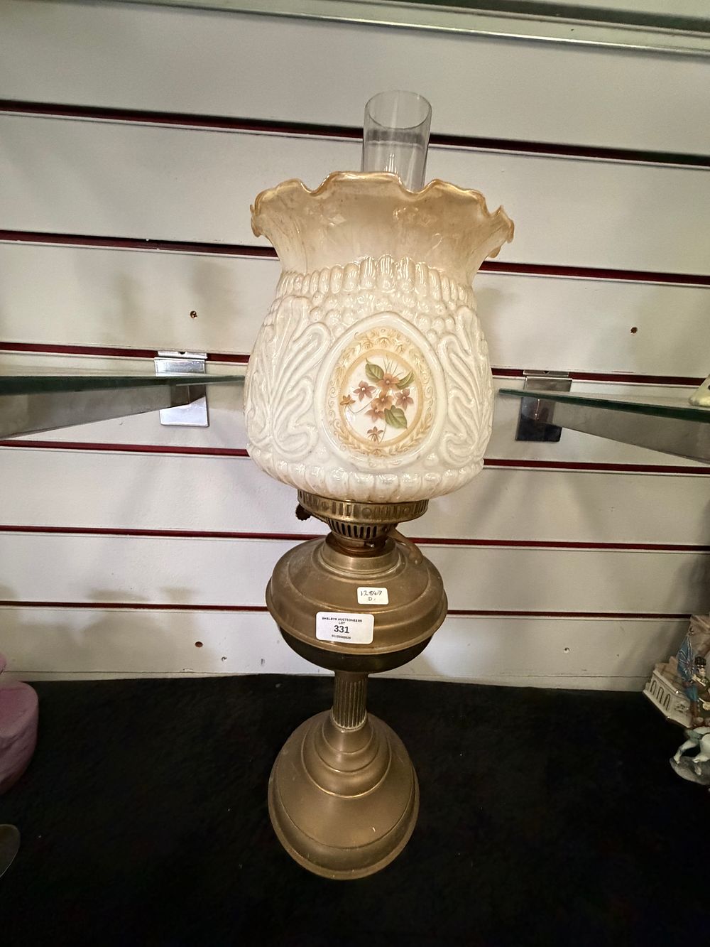 Lot 331: AnPatterned Milk Glass and Brass-Toned Metal Table Lamp