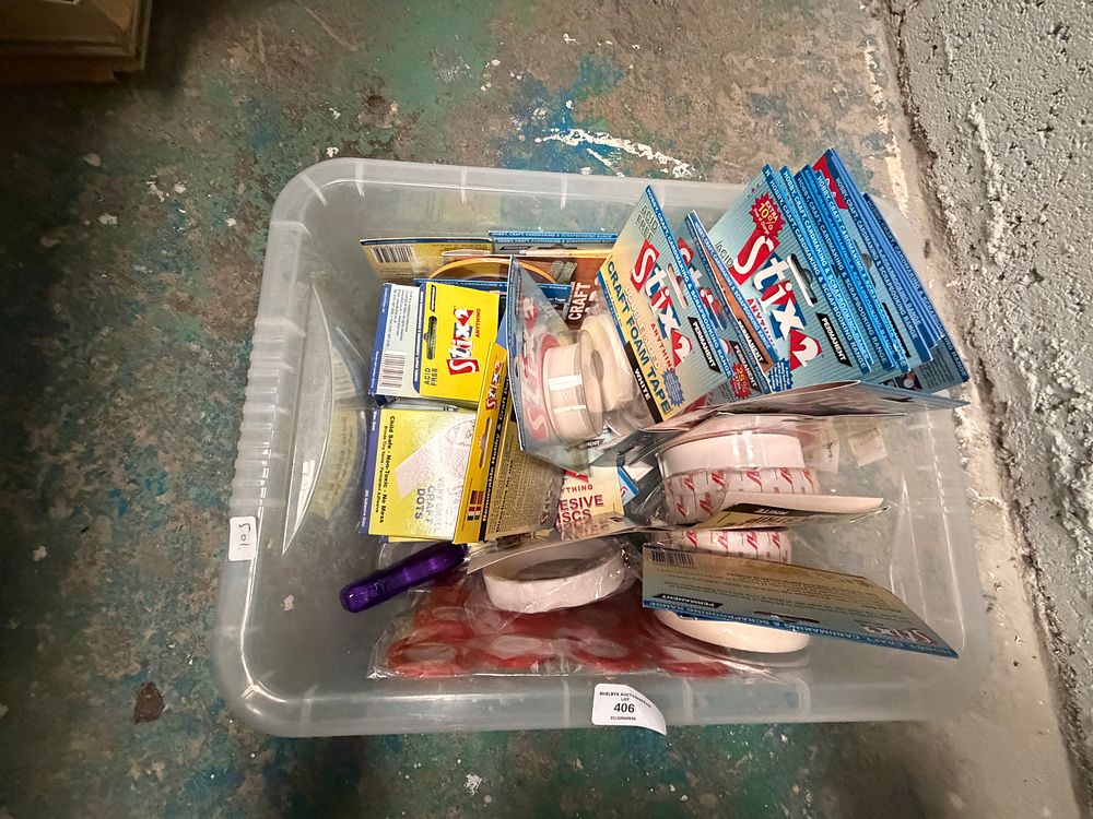 Lot 406: A Collection of Stix2 Craft Adhesive Products and Accessories in a 50L Utility Bin
