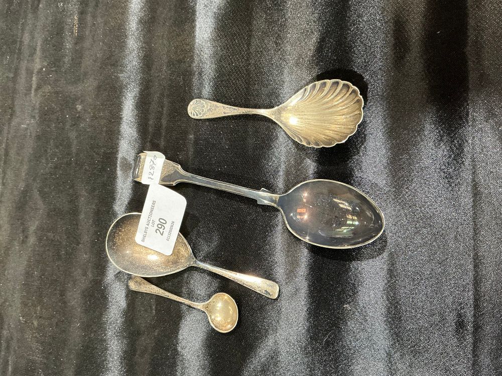 Lot 290: A Group of Sterling Silver Spoons including a Shell-Bowl Caddy Spoon