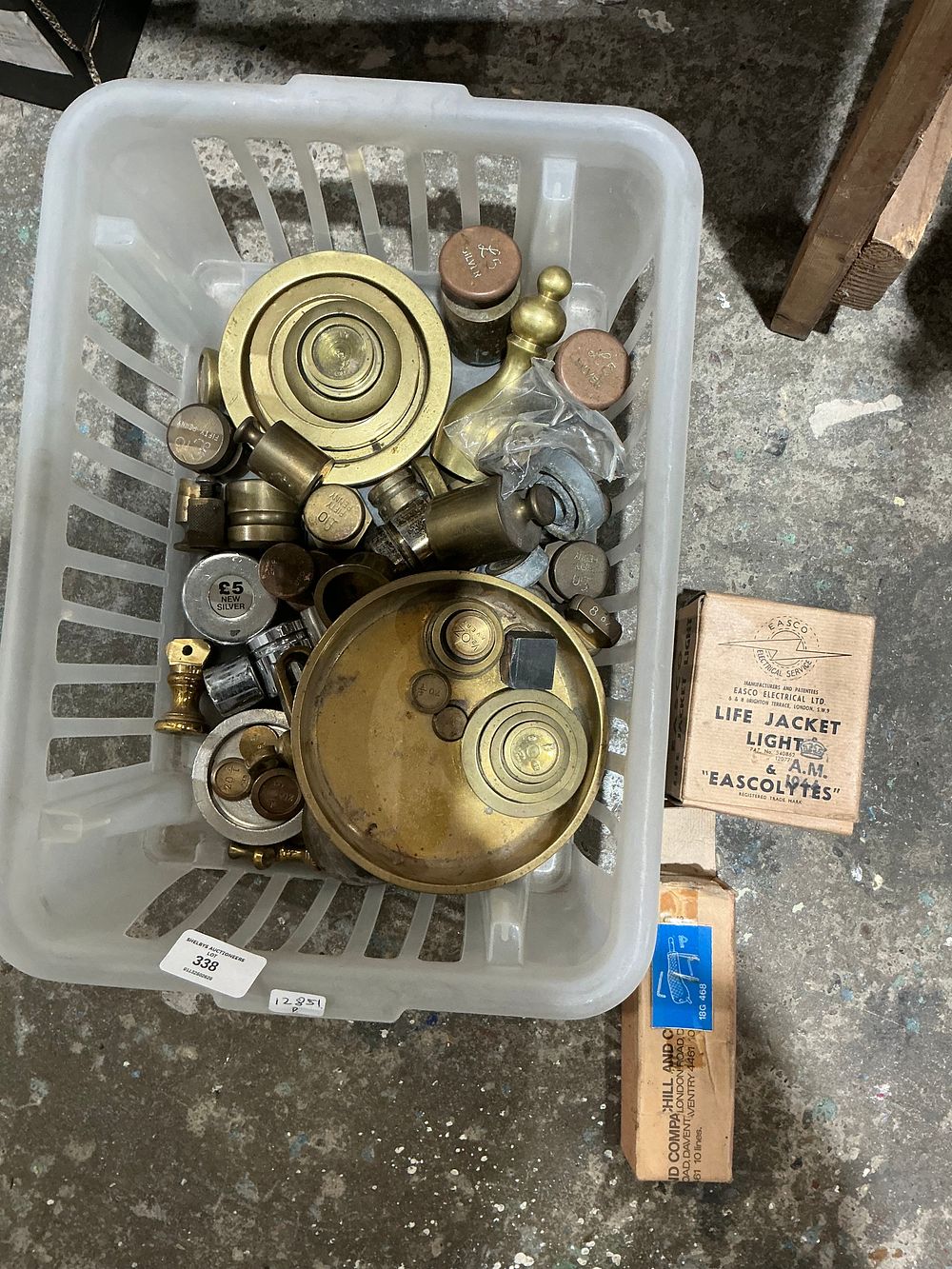 Lot 338: An Assortment of Vintage Brass and Metal Scale Weights, Brass Pan, and Boxed Accessories