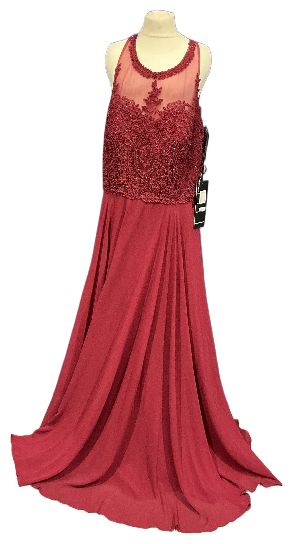Lot 9: Mascara Full Length Burgundy Lace and Chiffon Evening Gown with Open Ladder Back size 14
