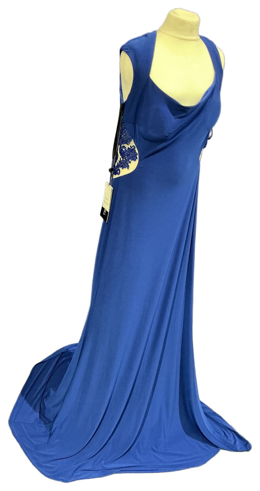 Lot 10: Sherri Hill Royal Blue Draped Evening Gown with Embellished Open Back Size 14