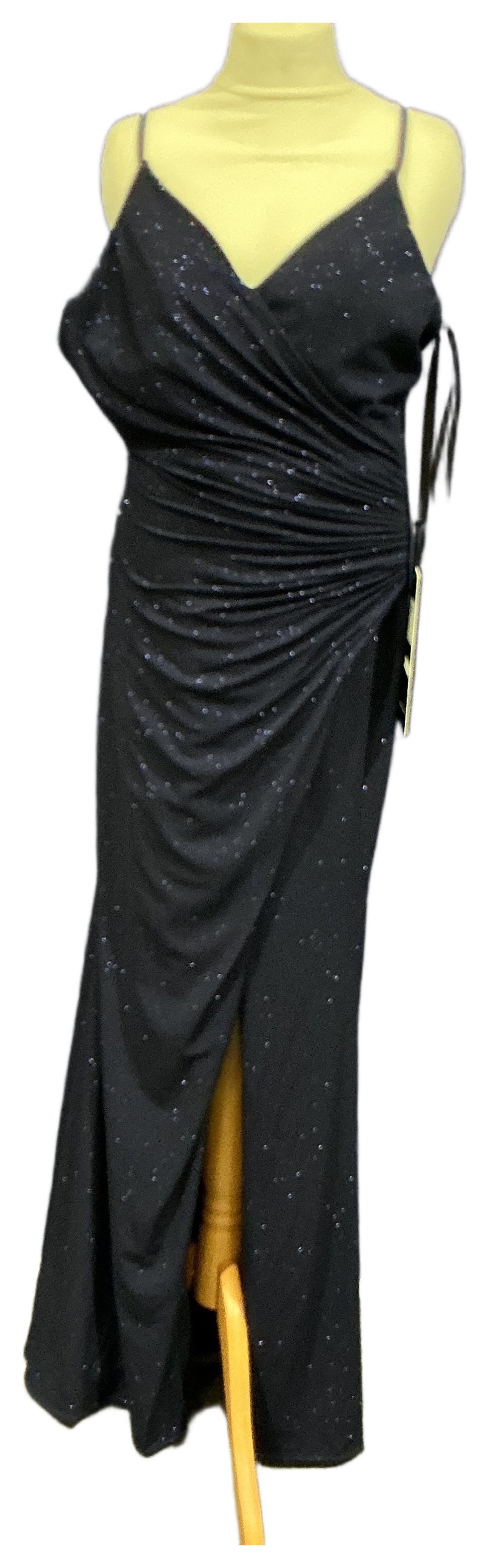 New Not Worn – Mascara Navy Blue Shimmering Jersey Evening Gown with Ruched Detail and Cross Back Size 6