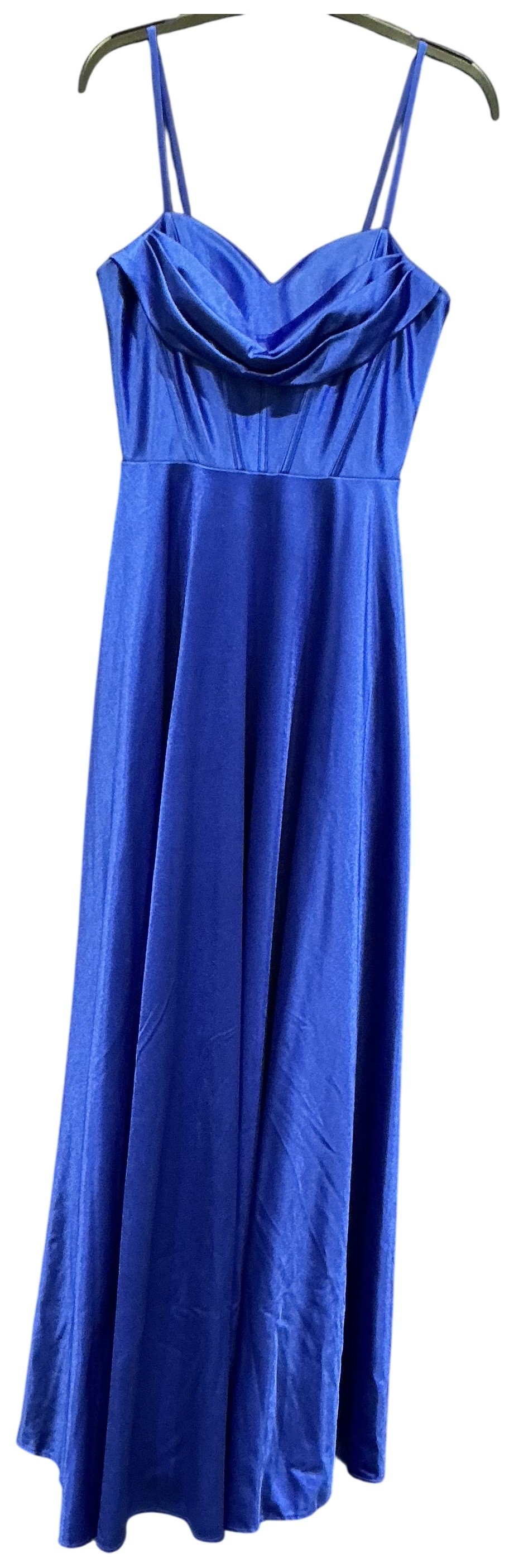 New Not Worn – Mascara Cobalt Blue Satin Full Length Evening Gown with Corset Bodice