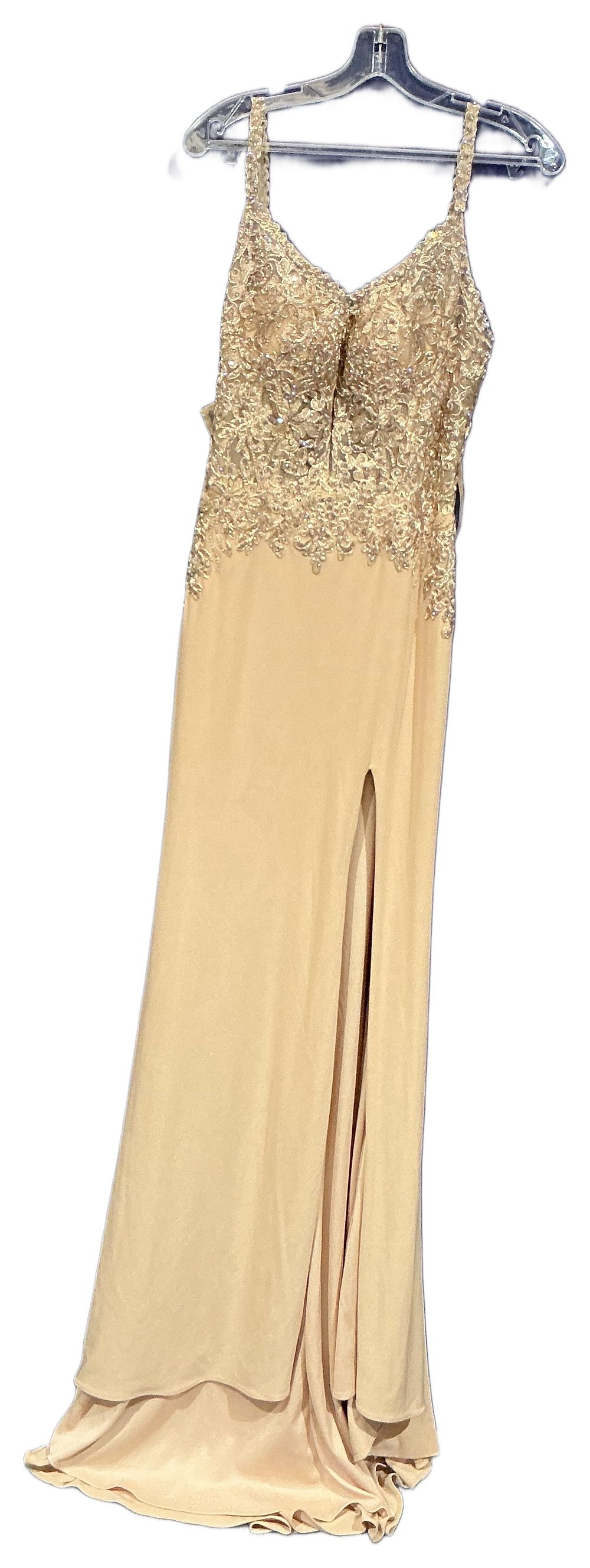 Lot 18: Morilee Champagne Coloured Evening Gown with Embellished Bodice and Cut-out Back size 4