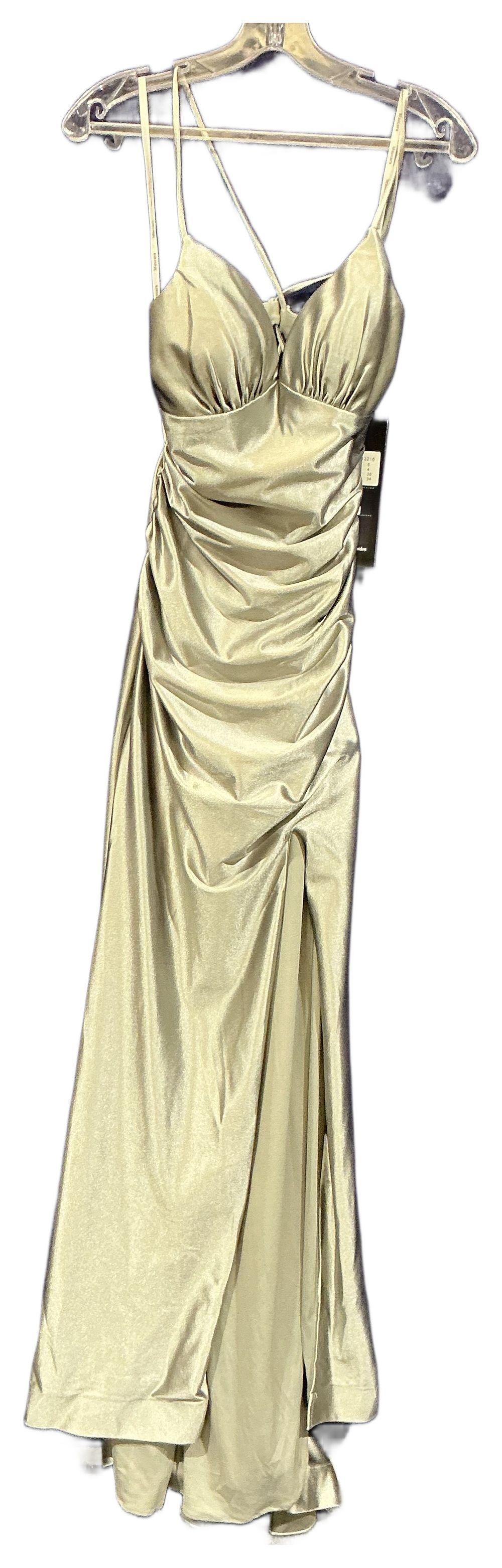 Lot 22: A Silver Metallic Sleeveless Formal Gown with Ruched Bodice and Corset Back