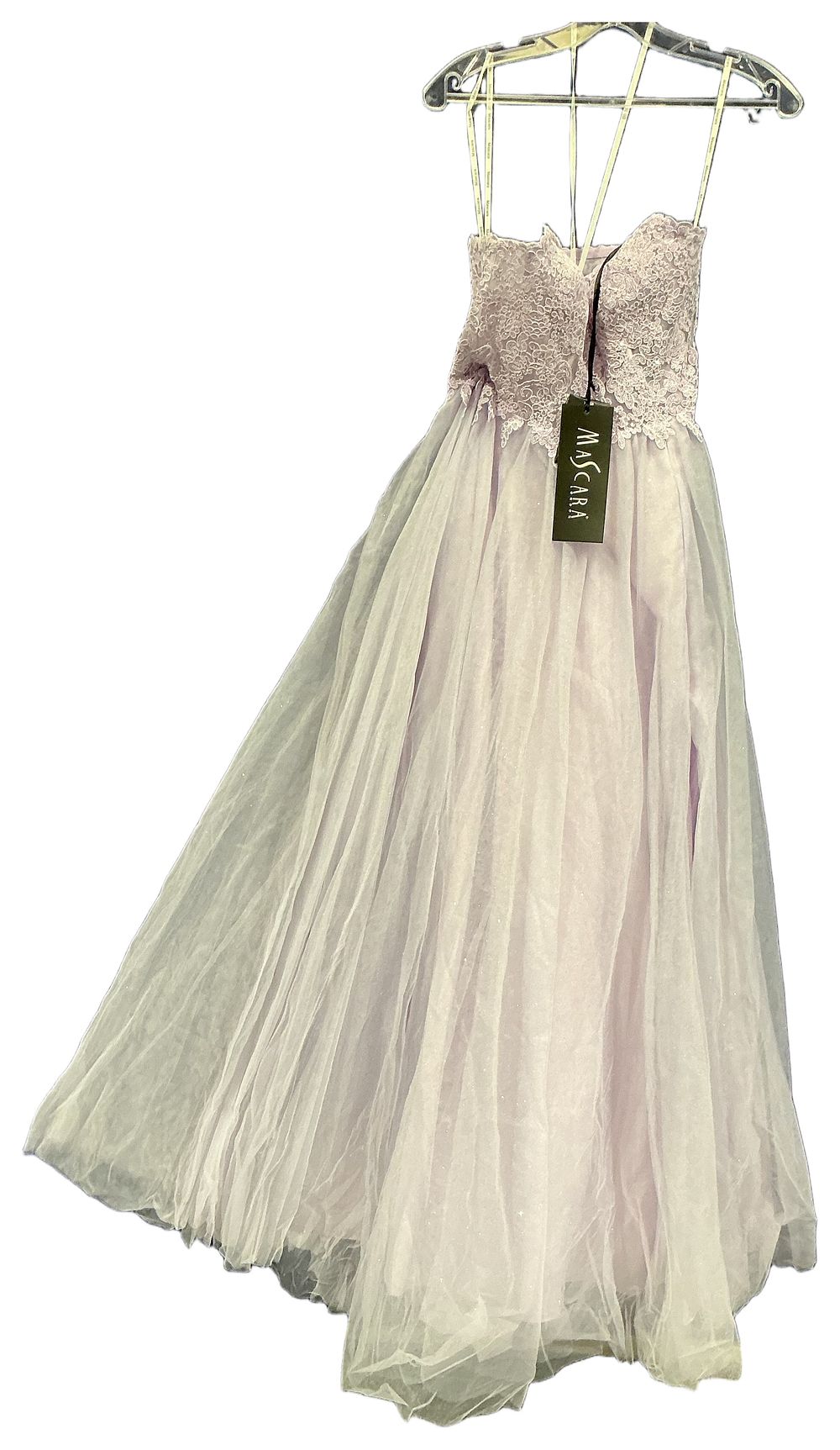 Lot 23: A Mascara Lavender Lace and Shimmer Tulle Evening Gown Strapless size 8
