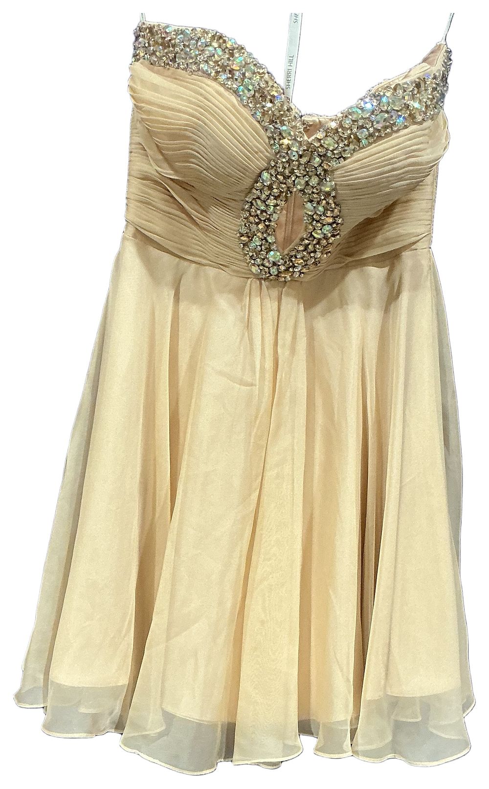 Lot 24: Sherri Hill Champagne Chiffon Strapless Mini Dress with Embellished Bodice size 6
