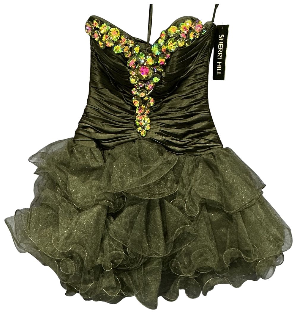 Lot 25: Sherri Hill Dark Olive Green Strapless Cocktail Dress with Crystal Embellishment size 6