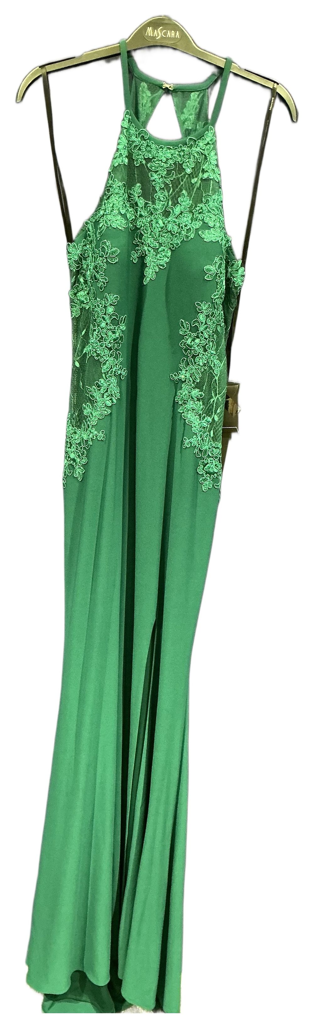 Lot 71: Mascara Emerald Green Halter Neck Evening Gown with Lace Applique size 14
