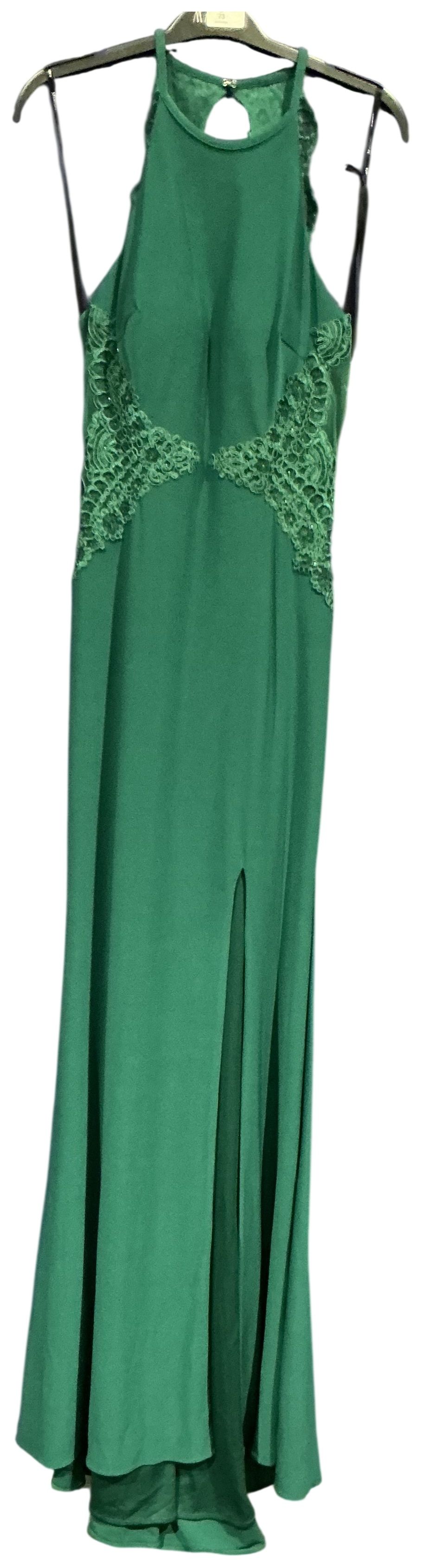 Lot 73: Mascara Forest Green Sleeveless Halter Neck Evening Gown with Lace Detailing and High Slit size 12