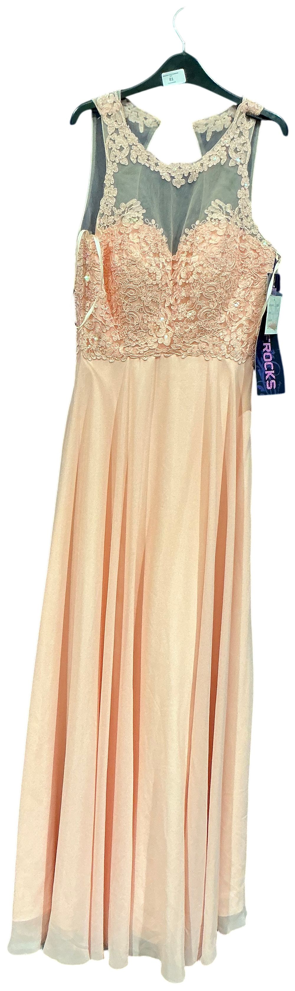 Lot 81: A Peach Lace and Chiffon Full Length Occasion Dress Size 8