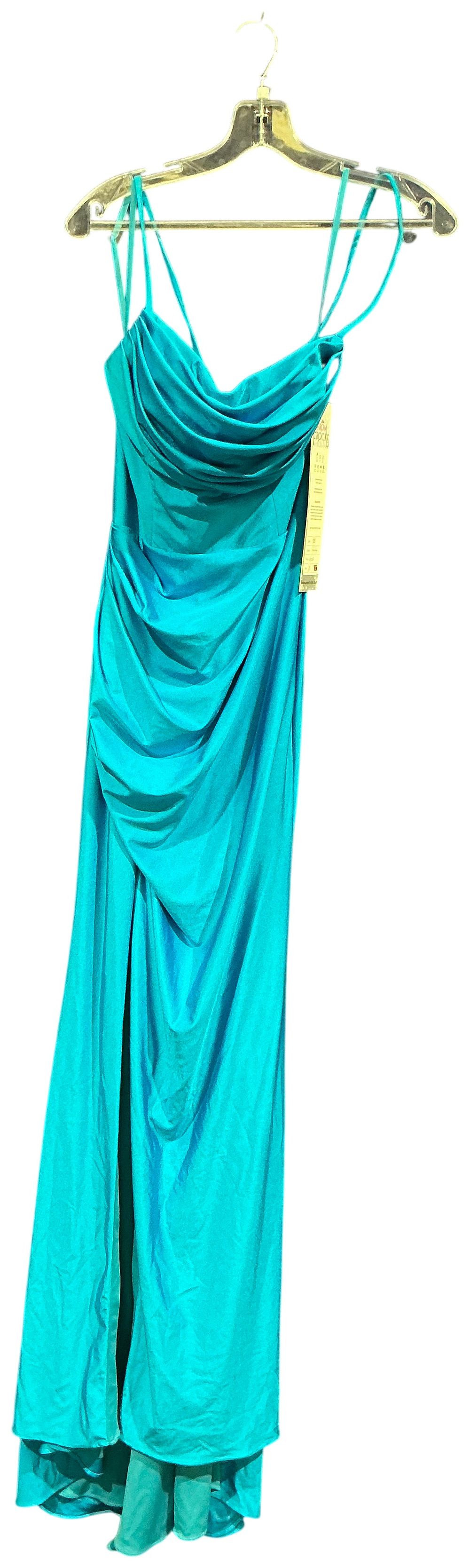 Lot 101: Prom Frocks Turquoise Blue Cowl Neck Maxi Gown with Ruched Slinky Fabric Size 8