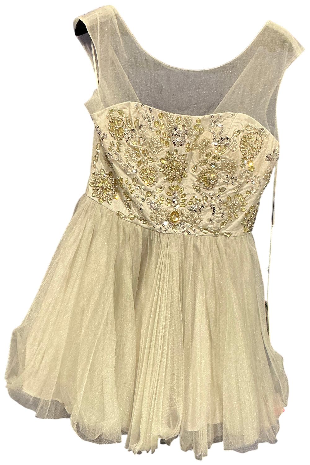 Lot 102: Forever Unique Sleeveless Off White Fit and Flare Party Dress with Heavily Embellished Bodice and Pleated Tulle Skirt size 12