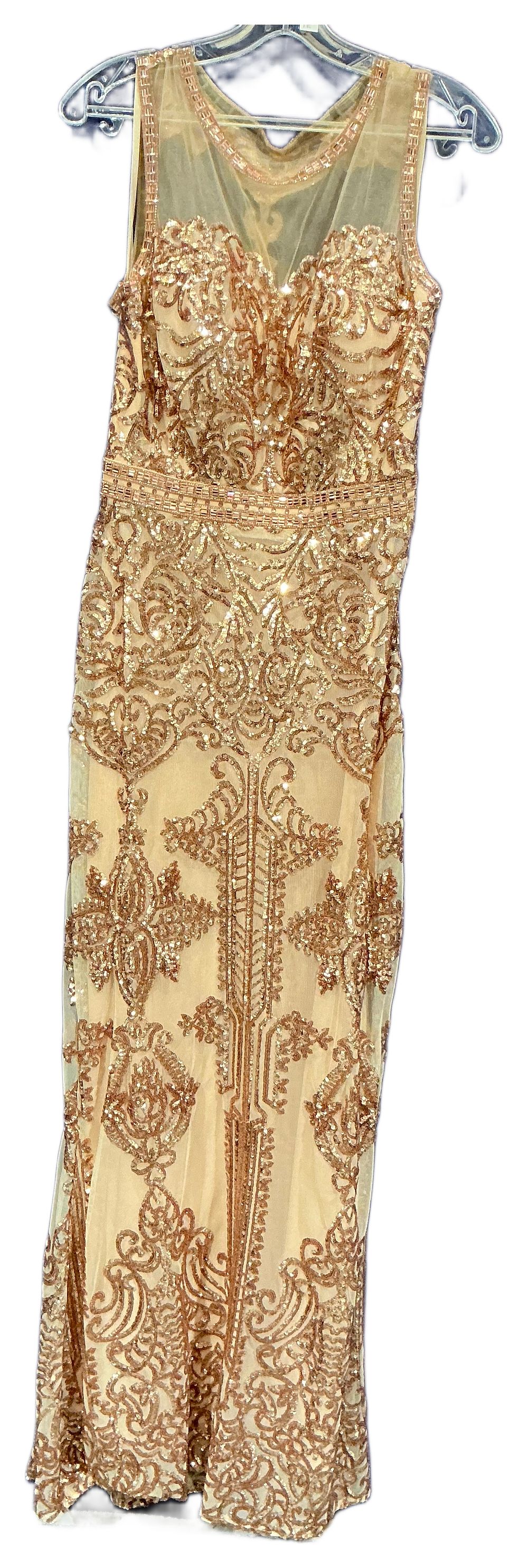 Lot 120: Prom Frocks Sleeveless Rose Gold Sequin Illusion Neckline Maxi Dress size 14