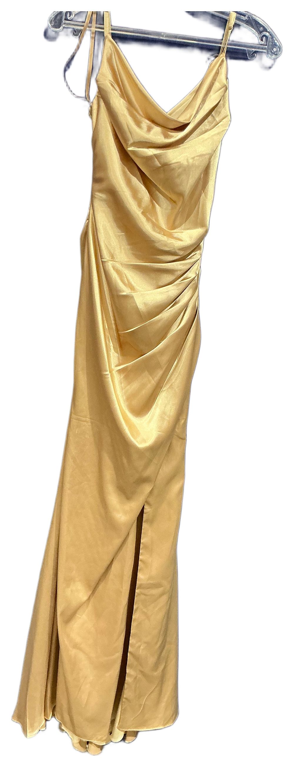 Lot 125: A prom Frocks Gold-Toned Satin Cowl Neck Evening Gown size 4