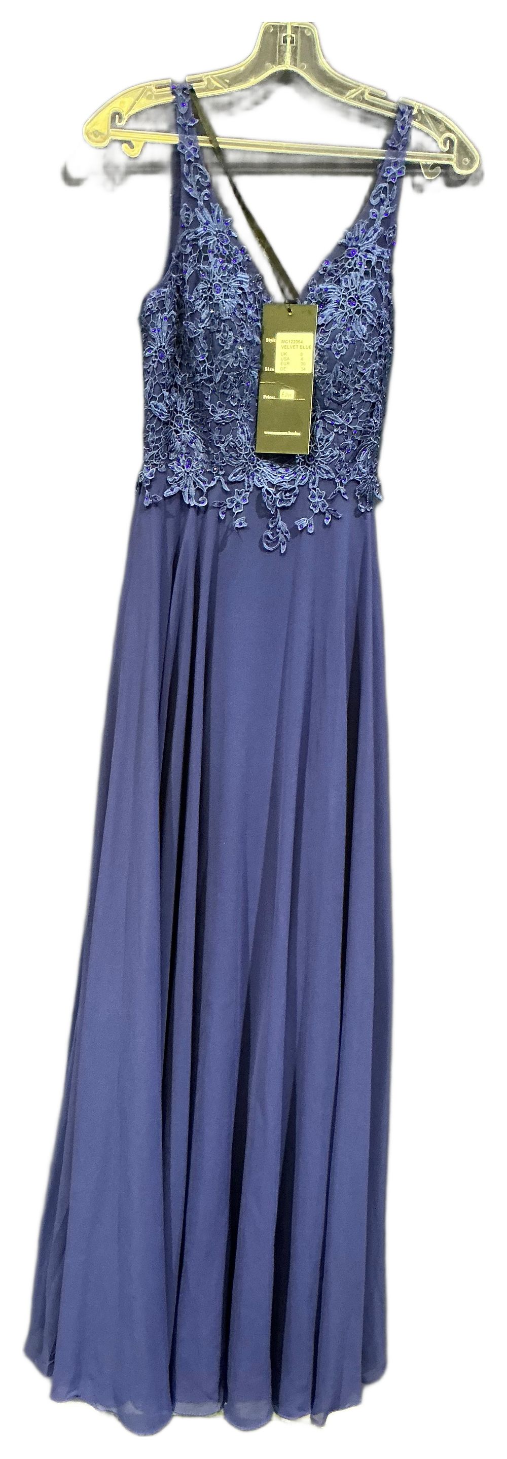 Lot 149: Mascara Royal Blue Chiffon and Embellished Lace Evening Gown size 8