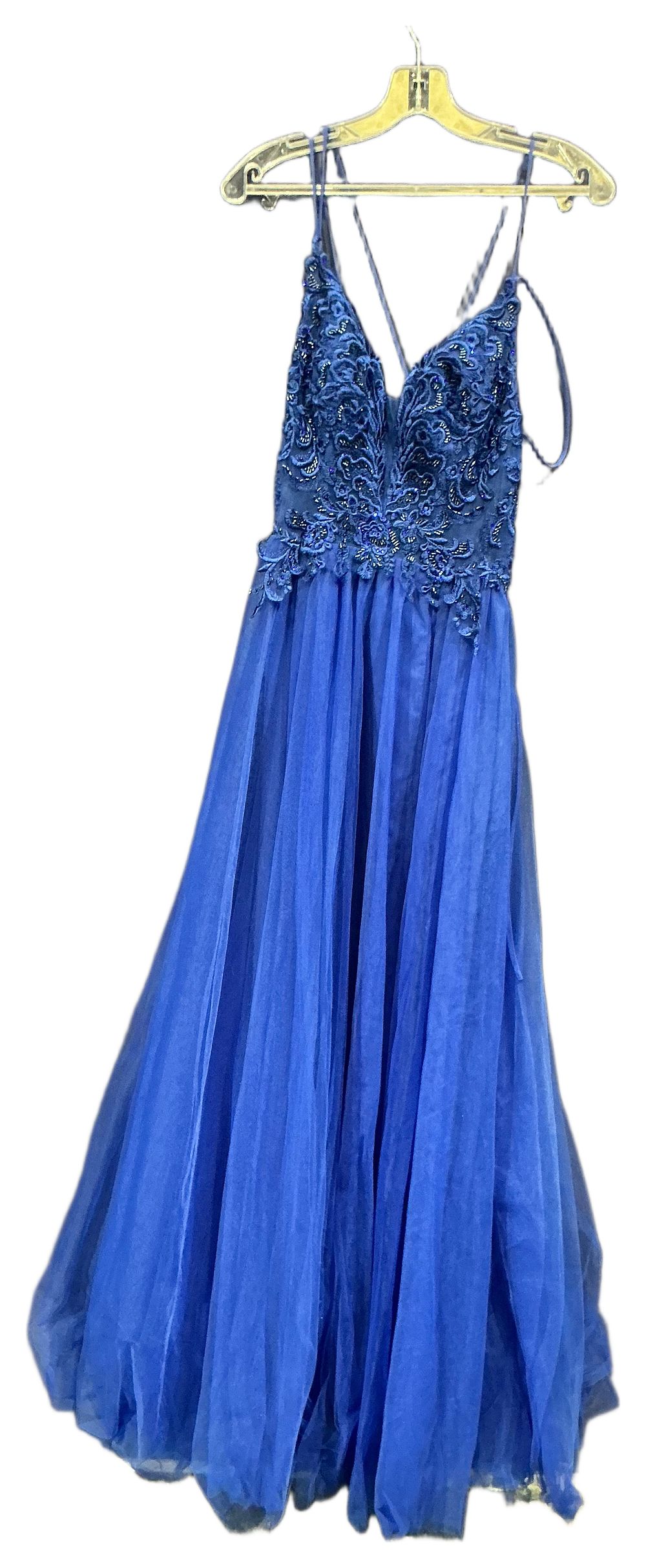 Lot 151: Mascara Royal Blue Layered Tulle and Lace Appliqué A-Line Evening Gown Size 8