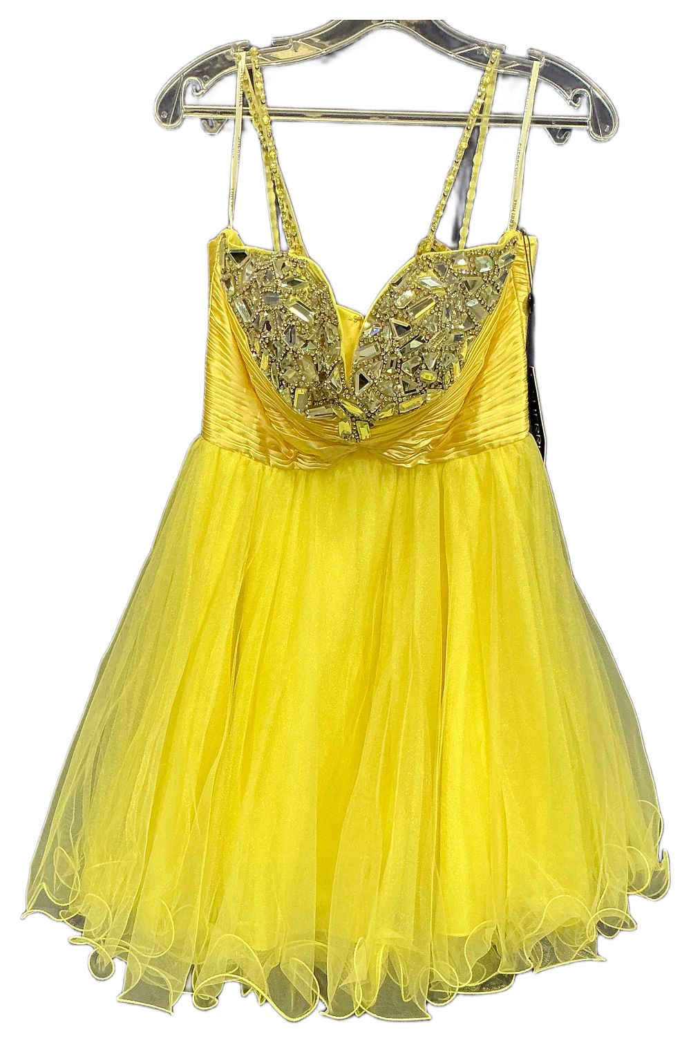 Lot 153: Sherri Hill Beaded and Pleated Tulle Mini Dress in Canary Yellow size 10