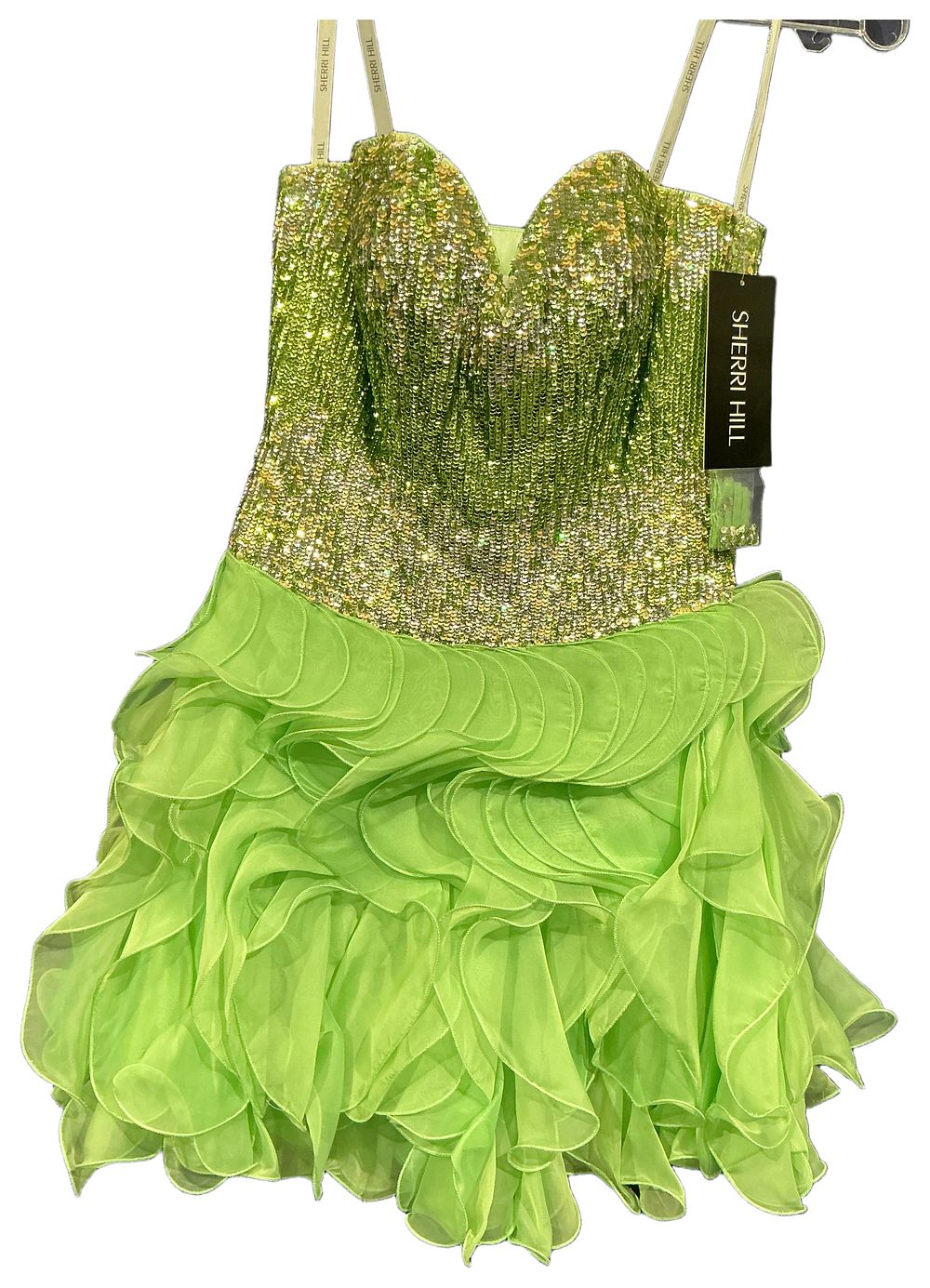 Lot 160: Sherri Hill Lime Green Sequined and Ruffled Strapless Mini Dress size 8