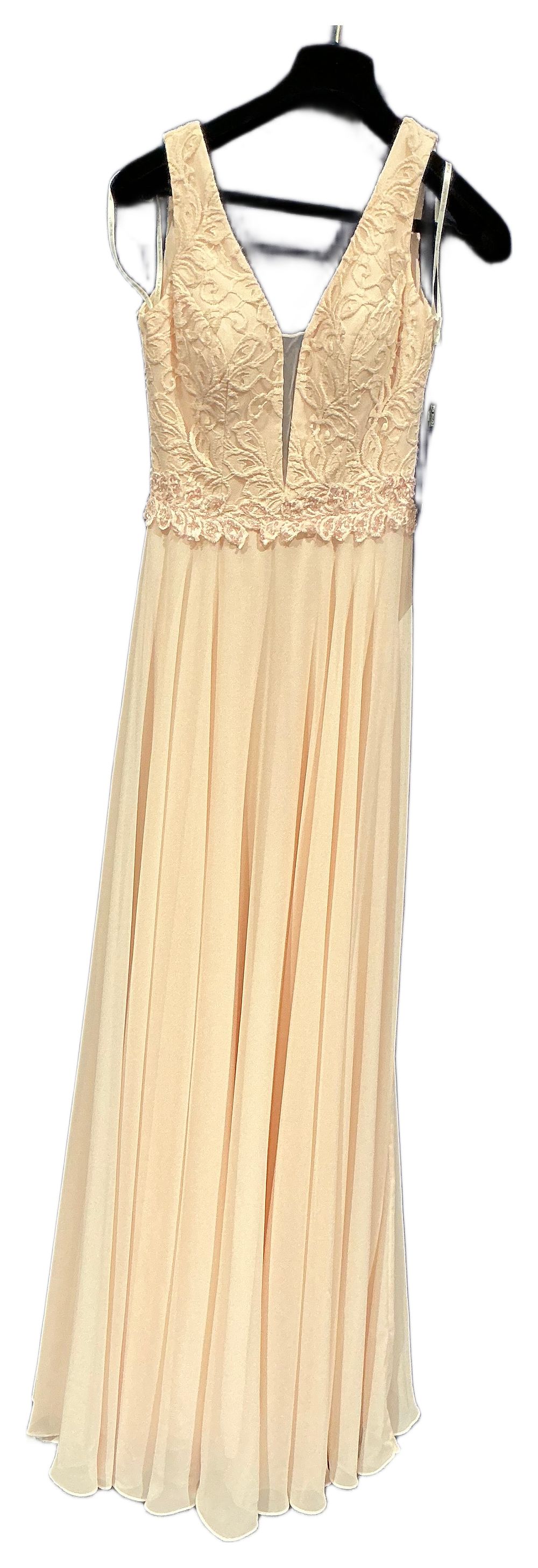 Lot 177: Pia Mchi Pale Peach Lace and Chiffon Floor Length Evening Gown Size 6