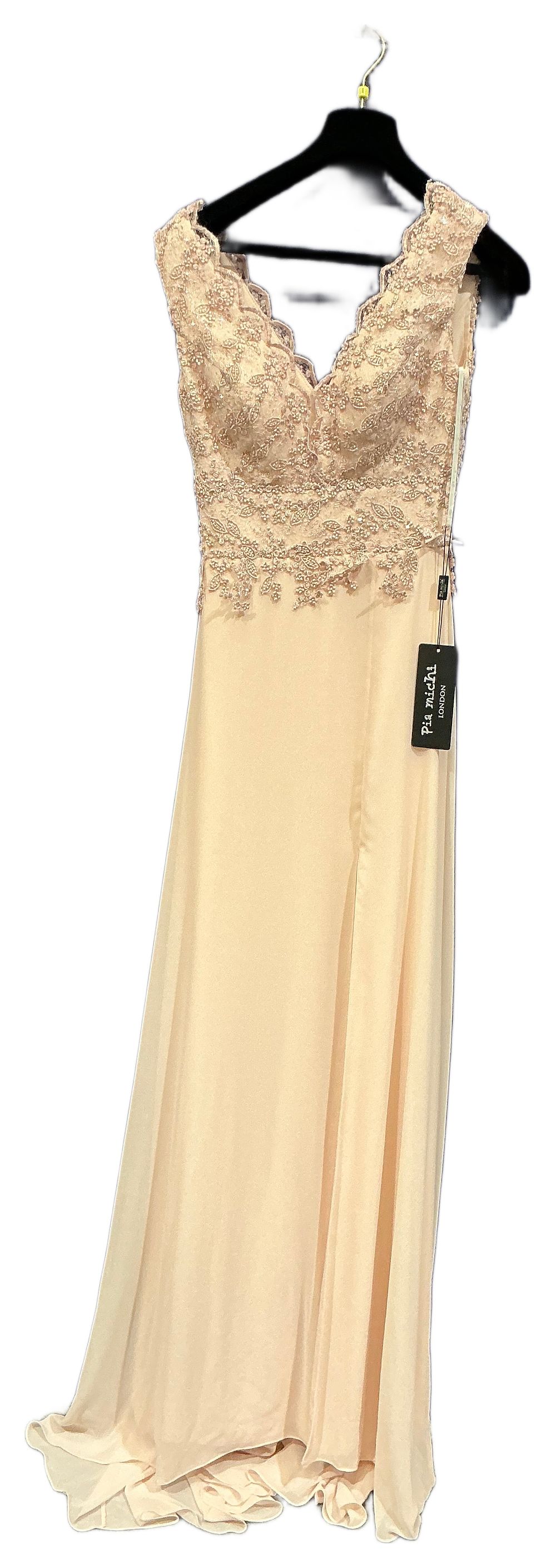 Lot 183: A Pia Michi London Peach Lace and Chiffon Evening Gown size 6