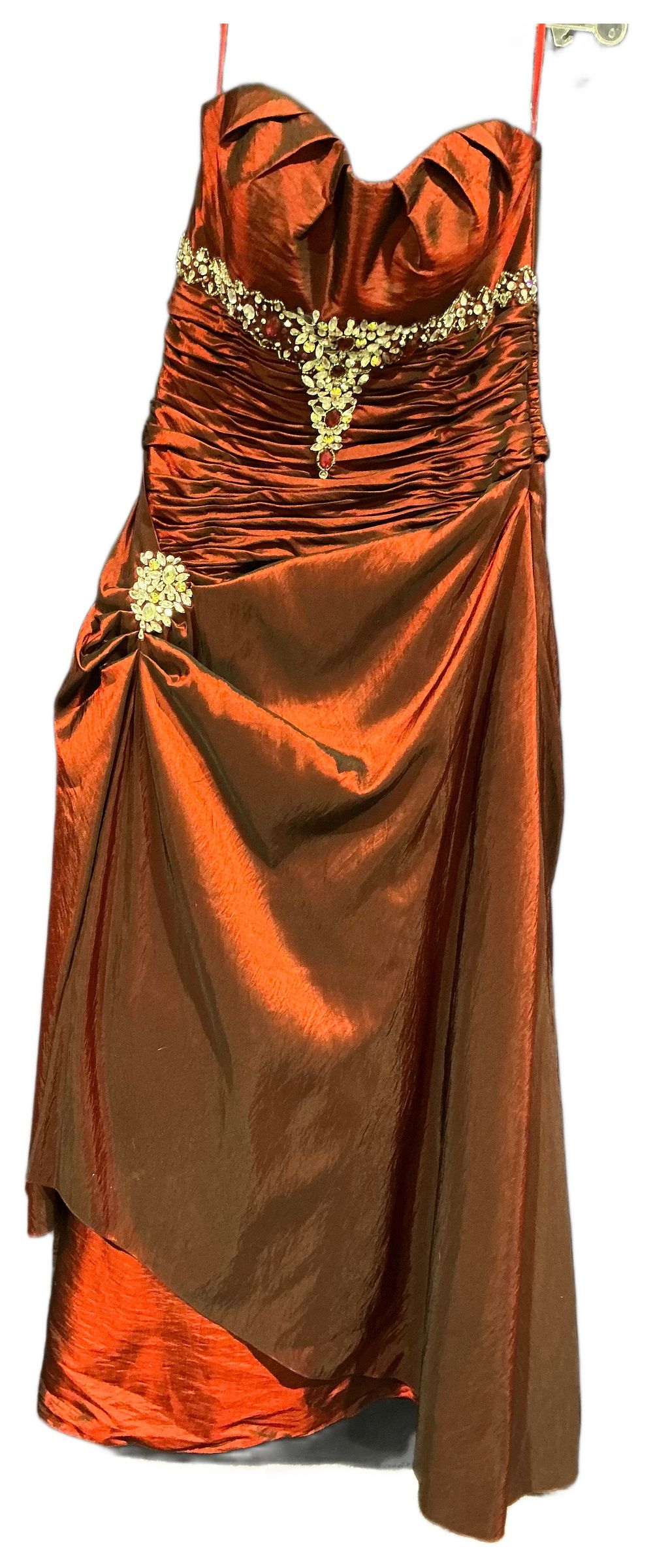 Lot 196: Strapless Ruched Copper Taffeta Evening Gown with Rhinestone Embellishments