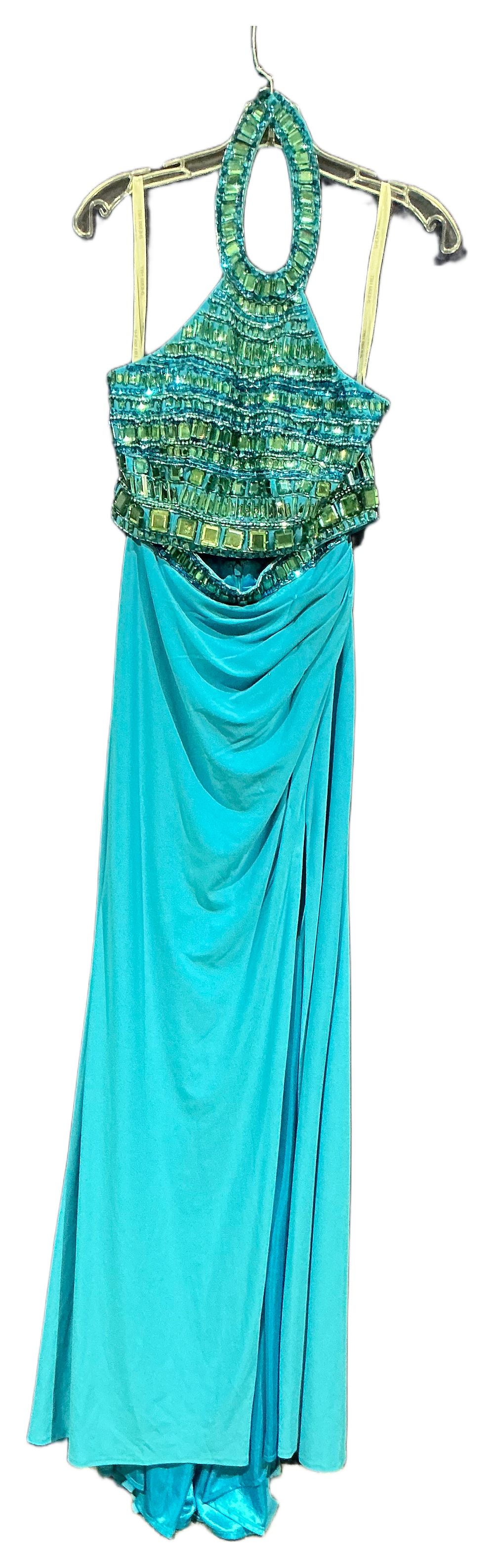 Lot 197: Sherri hill Turquoise Blue Halter Neck Floor Length Embellished Evening Gown size 6