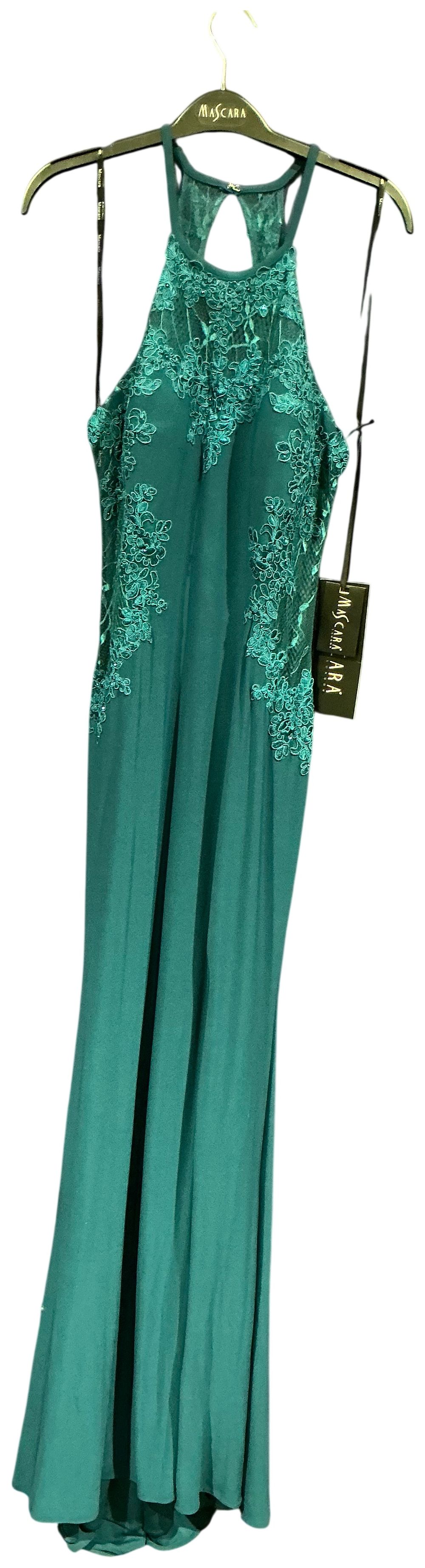 Lot 204: Mascara Teal Chiffon Evening Gown with Lace Applique and Mesh Detailing size 14