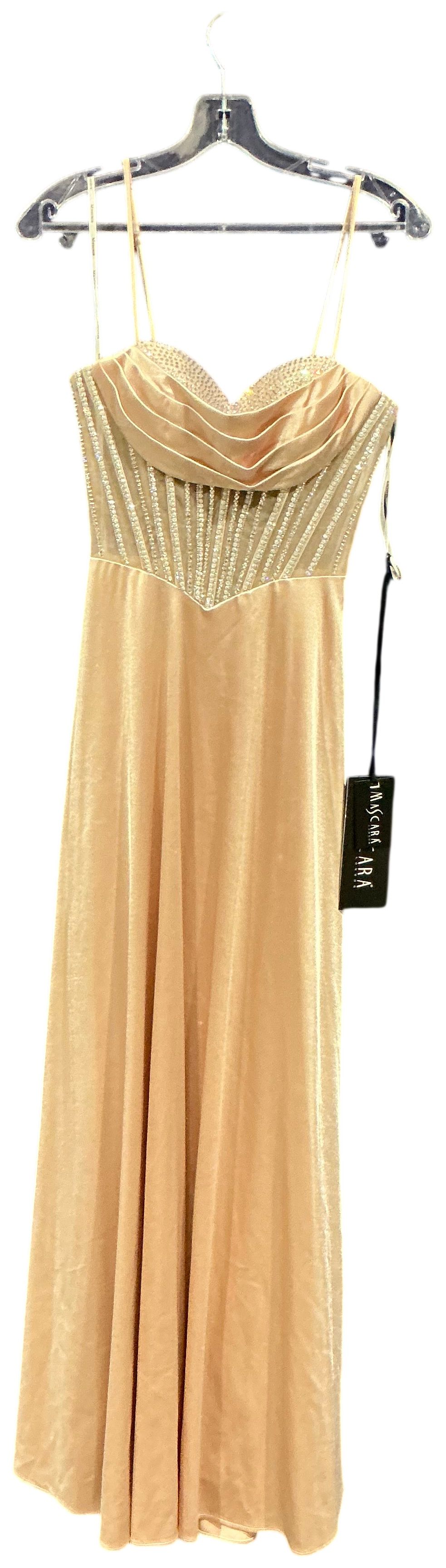Lot 211: Mascara Champagne Pleated Evening Gown with Embellished Bodice size 6