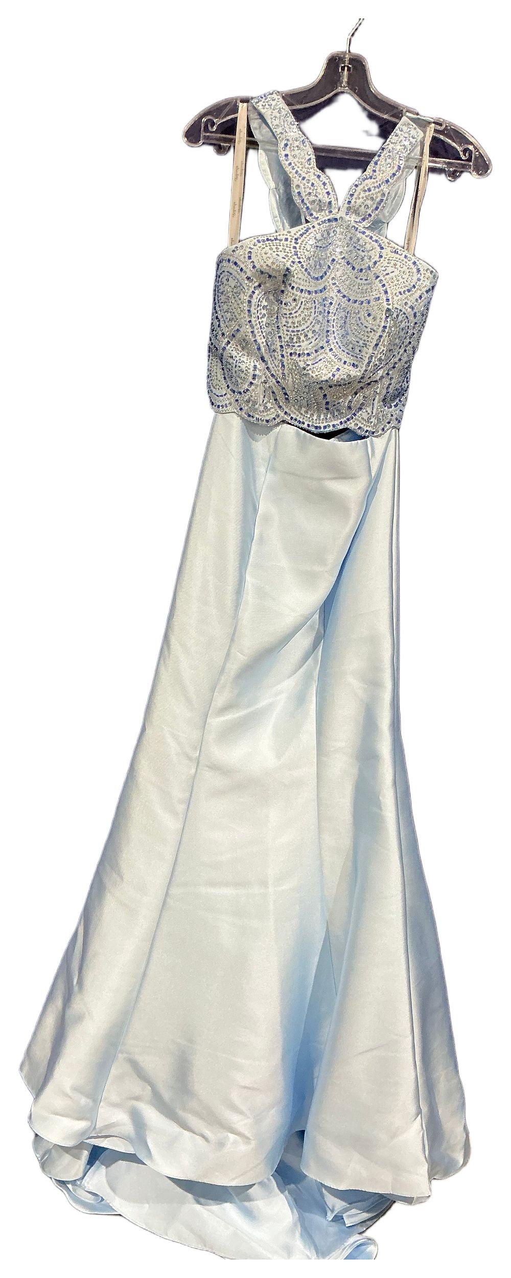 Lot 227: Studio Prom 17 Embellished Light Blue Halter Neck Satin Evening Gown with Ruffled Train size 8