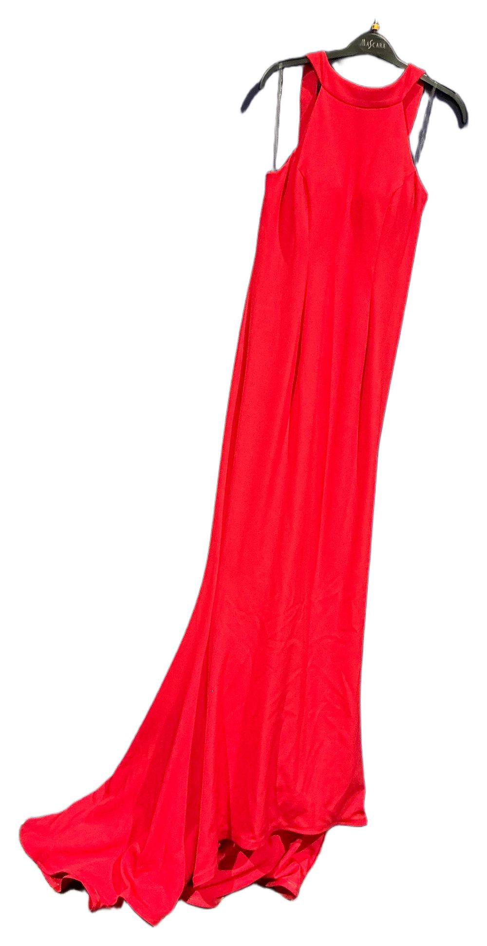 Lot 250: New Not Worn – Pia Michi London Sleeveless Red Halter Neck Evening Gown with Waterfall Ruffle Back Size 14 RRP £400