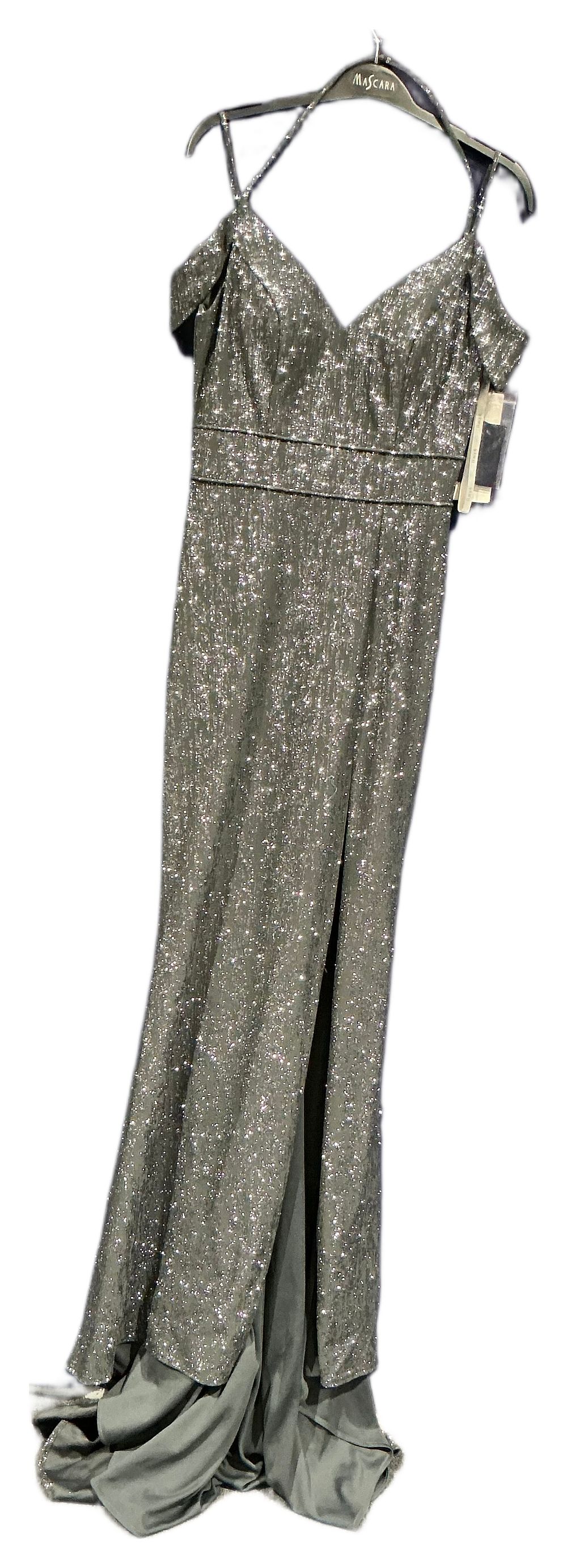 Lot 253: A panopoli Metallic Shimmer Floor-Length Evening Gown dark grey size 8/10
