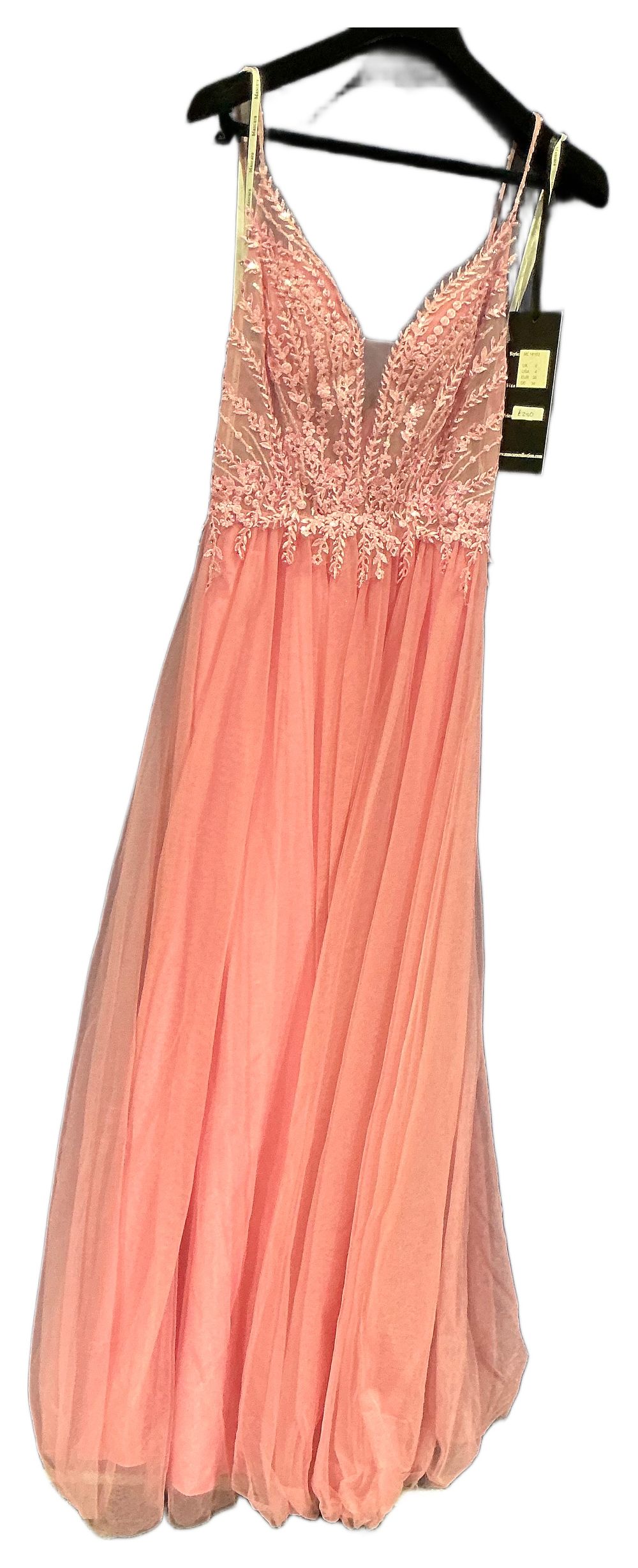 Lot 255: New Not Worn – Mascara Salmon Pink Embellished Tulle Evening Gown Size 8 RRP £280