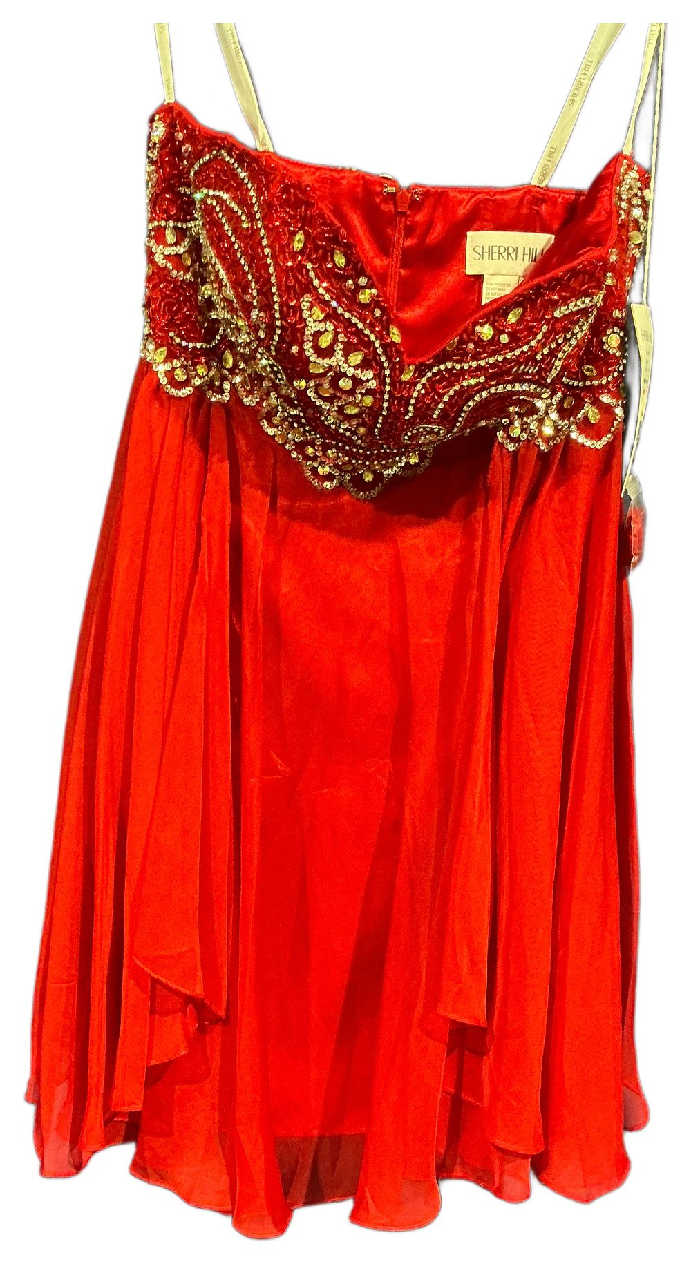 Lot 256: New Not Worn – Sherri Hill Red Chiffon Strapless Cocktail Dress with Gold Toned Embellishment Size 8 RRP £220