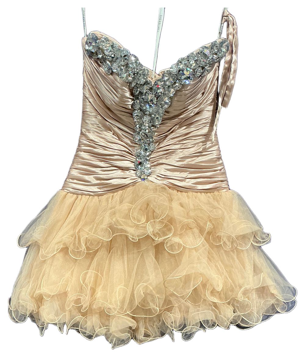 Lot 257: New Not Worn – Sherri Hill Champagne Ruched Satin and Ruffled Organza Mini Dress with Crystal Bodice Embellishment Size 4/6 RRP £325