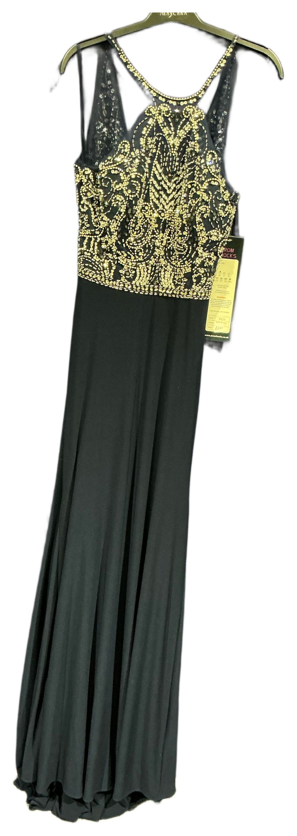 Lot 261: New Not Worn – Prom Frocks Blue and Gold Beaded Open Back Halter Neck Evening Gown Size 10 RRP £260