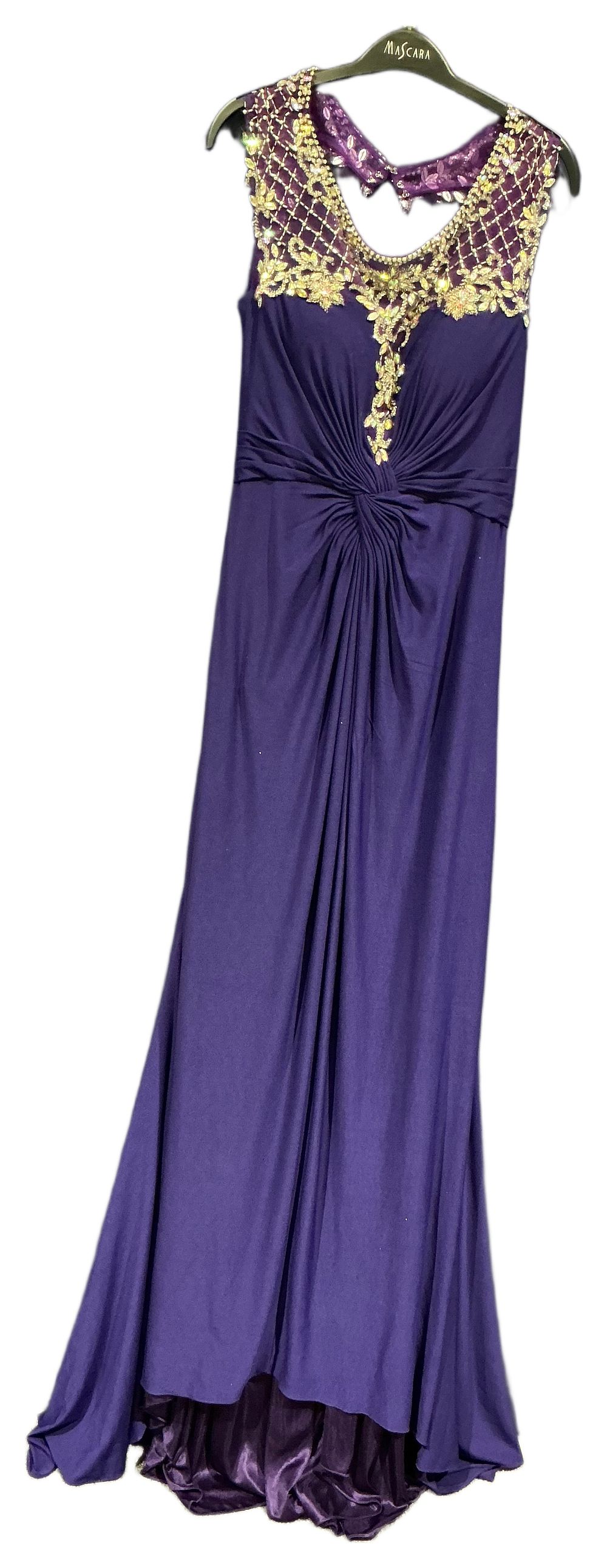 Lot 263: New Not Worn – Prom Frocks Embellished Halter Neck Evening Gown in Purple Jersey and Satin Size 12 RRP £250