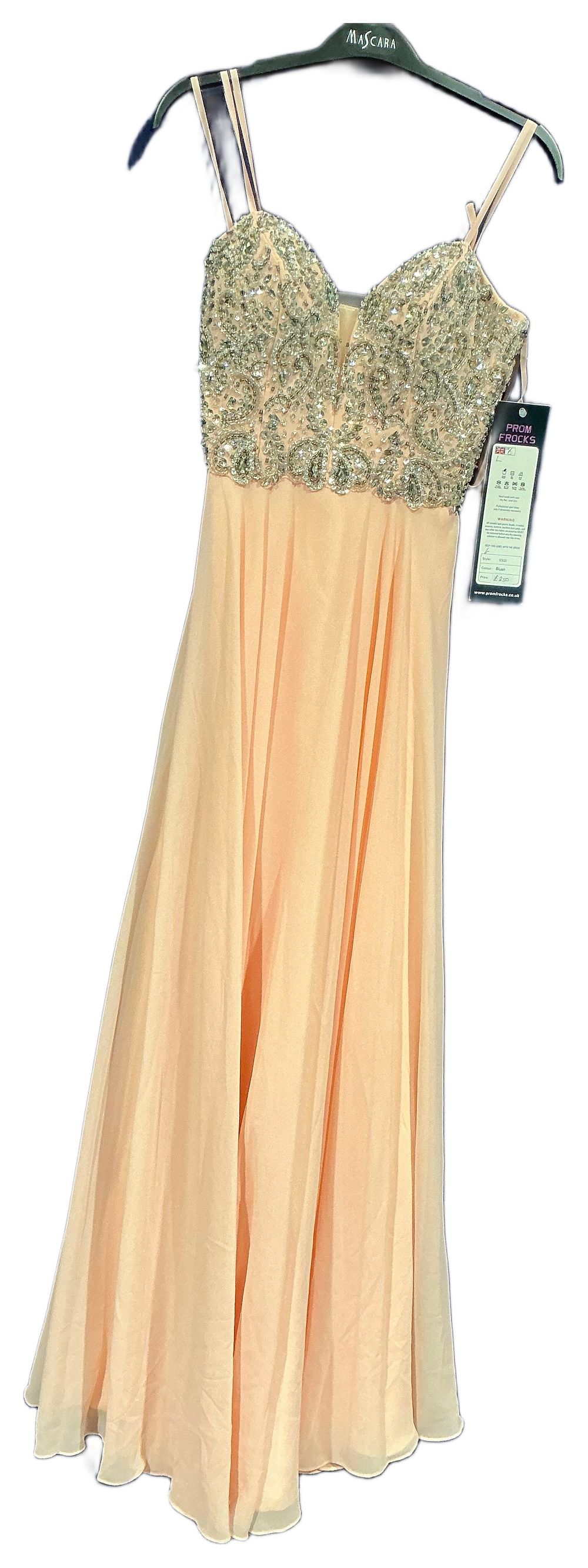 Lot 270: New Not Worn – Prom Frocks Peach Chiffon Evening Gown with Embellished Bodice Size 8 RRP £250