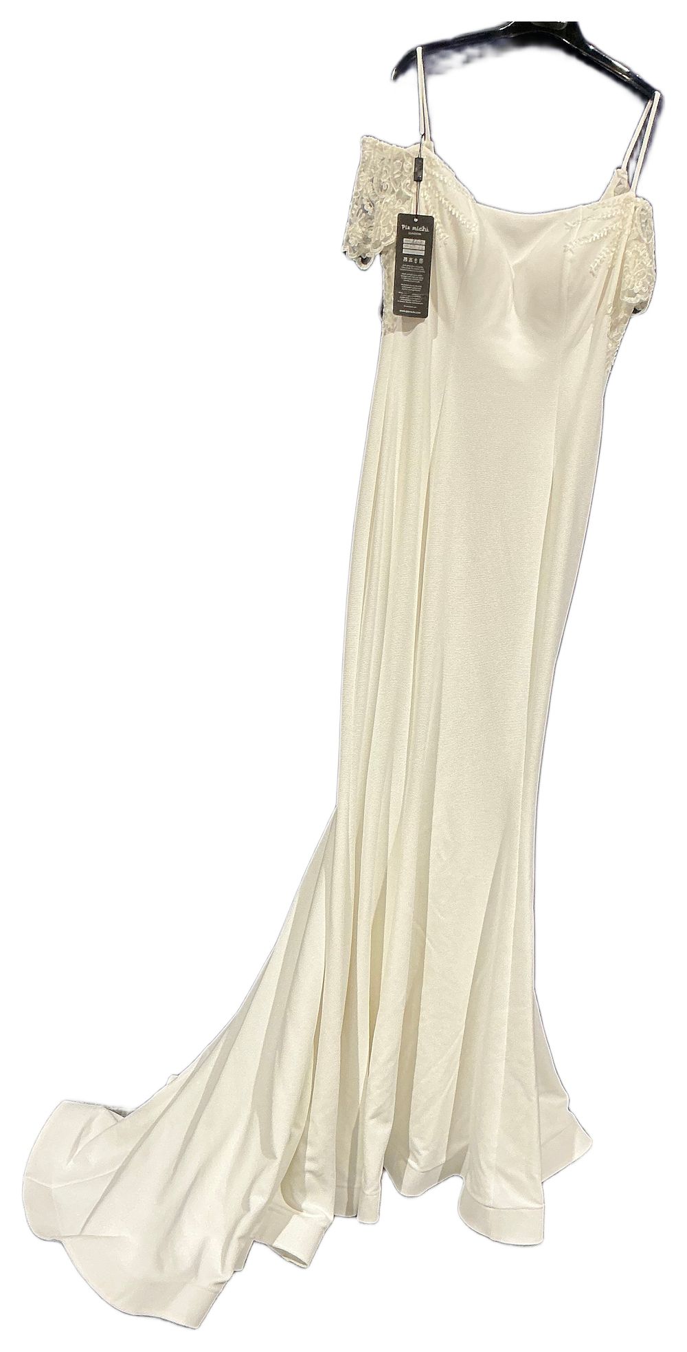 Lot 277: New Not Worn – Pia Michi Off-the-Shoulder Ivory Evening Gown/Wedding Gown with Bow Detail Size 12 RRP £400