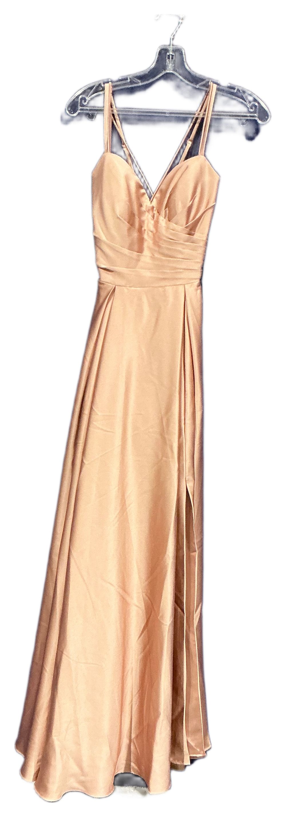 Lot 280: New Not Worn – Prom Frocks Rose Gold/Pink Satin Floor Length Evening Gown Size 8 RRP £280