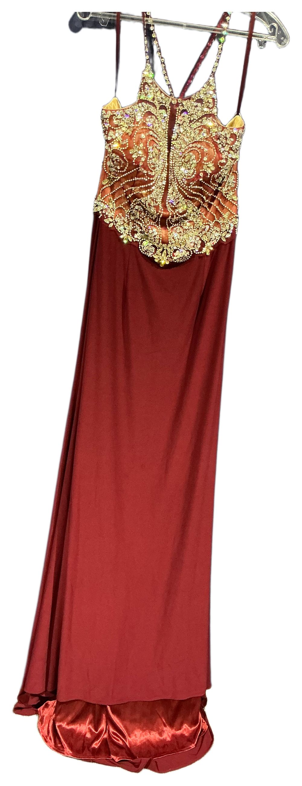 Lot 287: Prom frock Burgundy and Orange Embellished Floor-Length Evening Gown size 12