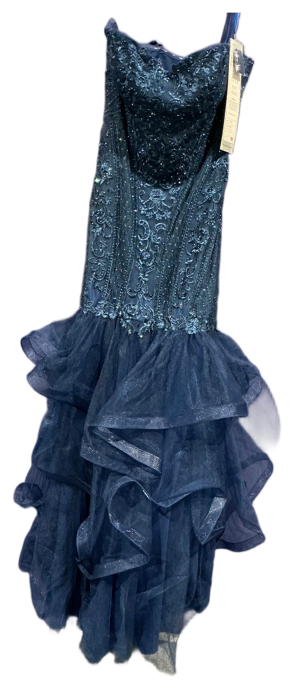 Lot 289: New Not Worn – Prom Frocks Navy Blue Embellished Sleeveless Formal Dress with Tiered Ruffle Skirt Size 12 RRP £355