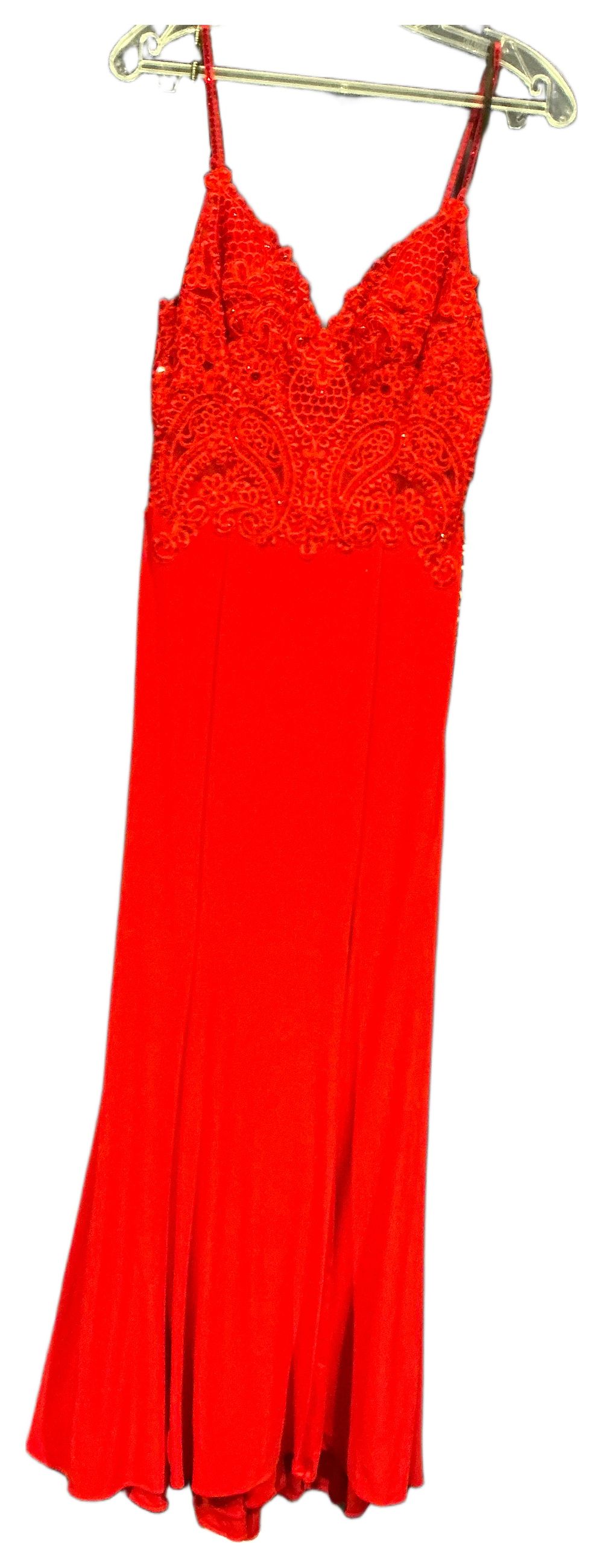 Lot 293: Mascara  Red Sleeveless Evening Gown with Lace Applique size 8