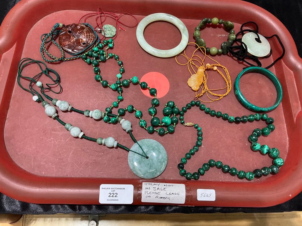 Lot 108: A Collection of Green Hardstone and Malachite Jewellery Including Bangles and Pendants
