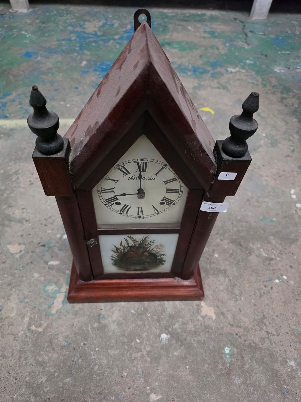 Lot 250: Ansonia American Gothic Revival Wood Steeple Clock